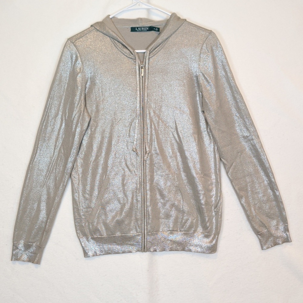 Lauren Ralph Lauren Womens Silver Metallic Knit Full Zip Hoodie Sweater Medium